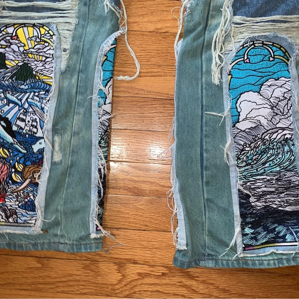 WHO DECIDES WAR PANTS GREEN SANDY WAR FUSION EMBROIDERED JEANS WAIST 28 MRDR BRA